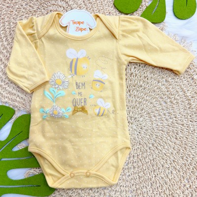 Kit 3 Peças - Bodys Manga Longa Bem Me Quer Abelhas - Amarelo, Off White e Mostarda